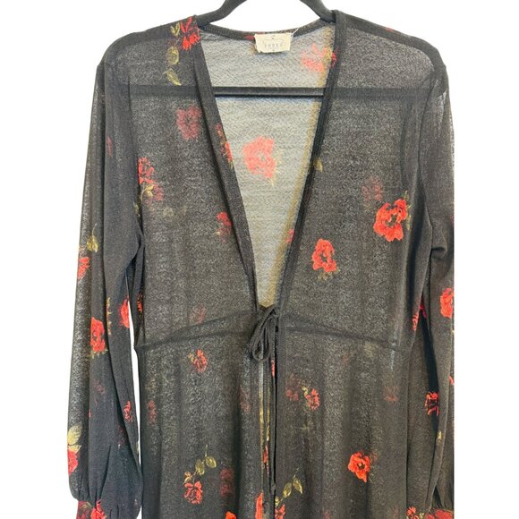 NWOT Ember Medium Black Sheer Floral Duster Cardigan Tie Closure - Picture 9 of 9